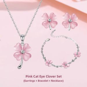 Korean Style Cats Eye Stone Four Leaf Clover Ear Studs Bracelet Necklace Set Fashion Forest System Student Best Friend Birthday Gift