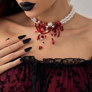 Ingemark | Ingemark Vintage Red Crystal Blood Water Drop Pendant Choker Necklace for Women Goth Imitation Pearl Chain Halloween Jewelry New