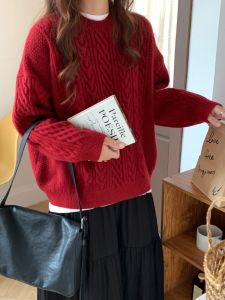 Christmas Red Loose Womens Knitted Sweater round Neck Overhead Spiral Pattern Winter Outerwear Casual Style Commute Fashion