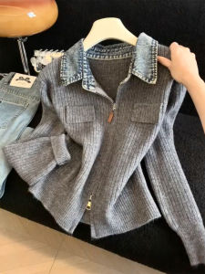 QINGNAER | Slimming Retro High-Class Grey Denim Polo Neck Double Zip Jacket