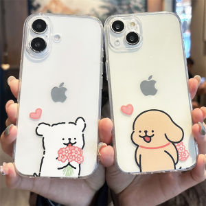 Cute Floral Dog Design Silicone Phone Case Transparent Womens Style Couples Protection Cover for 16 15Pro Max 14Plus XR 8Plus