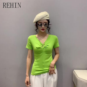 REHIN New summer V-neck solid color short-sleeved T-shirt elegant pleated trendy cotton womens top