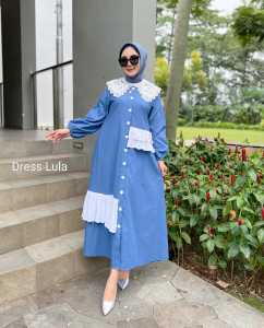 By Vienara Dress Lula Kerah Brukat Korea Rempel Dress Gamis Blue Denim Busui