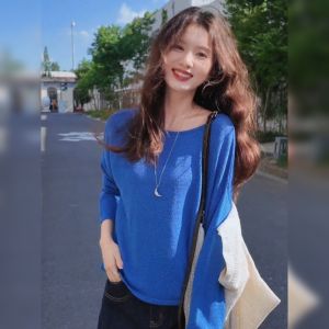 YUFUQING | Blue Round Neck Long Sleeve Knitted Sweater Womens Loose Casual Versatile Autumn Fashion Top Comfortable Korean Style Commute