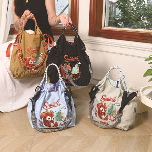 Happycat Squirrel Kelpie Parrot Embroidery Eco-friendly Shopping Bag Women Large Capacity Mommy Bag Nylon Single Shoulder Handbag