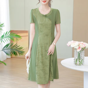 Elegant Middle-Aged Mom Summer Qipao Dress Trendy National Style Skirt Straight Cut Polyester Fiber Zipper Closure Mid-Length