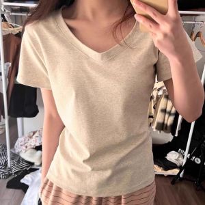American Grey Short Sleeve U-Neck T-Shirt Womens Summer Vintage Spicy Basic Slimming Half Sleeve Top Korean Style Commute Pure Color