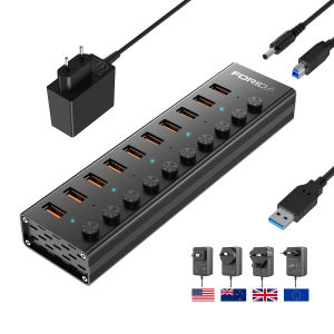 FORIDA USB 3.2Hub 10Gbps Aluminum 10 Port Splitter Split Switch with 12v Power Adapter for Macbook Mobile Phone Tablets