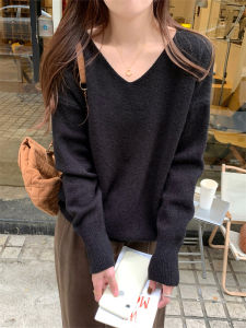 Black V-Neck Knitted Sweater Thick Long Sleeve Loose Style Autumn Winter Womens Inner Wear Comfortable Organic Cotton Top