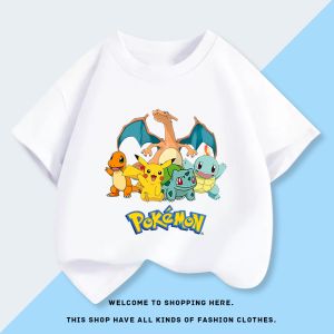 Bandai | Pokémon Firestone Jyneturtle Pikachu Toadseed Small Fireball Dragon Boys and Girls T-shirt Summer Childrens Shirt