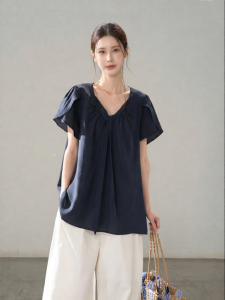 HTMEME | Korean Style V-Neck Pleated Short Sleeve Loose Hiding Fat Puff Sleeves Blouse