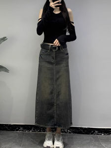 กระโปรงยีนส์ทรงเอเอวสูงสไตล์เกาหลีสำหรับผู้หญิง ฤดูใบไม้ผลิ 2025 กระโปรงยาวคลุมเข่าทรงเอแบบเปิดข้าง กระโปรงสั้นทรงเอเข้ารูป