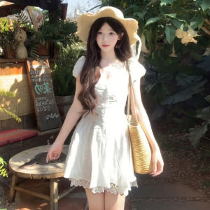HUAYILING | French White Lace Bubble Sleeve Summer Dress