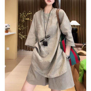 ชุดเสื้อยืดแขนสั้นหลวมสำหรับผู้หญิงในช่วงฤดูร้อน ชุดสองชิ้น เสื้อแขนยาวครึ่งตัว กางเกงขาสั้น แขนกุด คอตondo