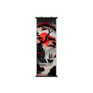 VIKAMA Japanese Ink Landscape Wall Tapestry Red Sun Pagoda Pine Sailboat Mountain Black White Scroll Art Home Decor Cozy Soft