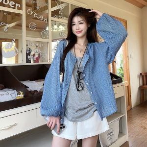 BINKAFENNY | Beach Vacation Blue Plaid Long Sleeve Shirt Women Summer Design Loose Versatile Beautiful Top Korean Style Commute Fashion