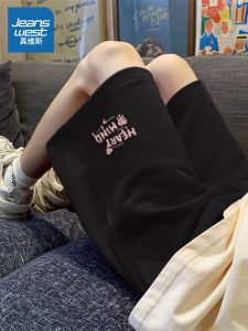 Jeanswest Black Sports Shorts Womens Style Summer 2025 New Pure Cotton Casual Pants Slimming Five-Quarter Length X