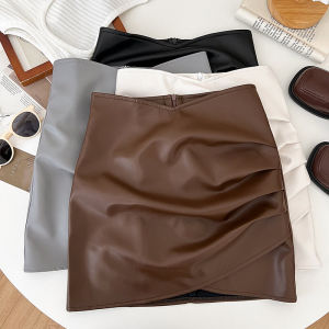 High Waist PU Leather A-Line Mini Skirt Womens Autumn Winter Folded Uneven Short Skirt Anti-Light Leatherr Skirt Half Body Skirt