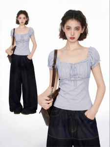 BAIDAIFEI | Square Collar Puff Sleeve Tight-Fitting T-shirt
