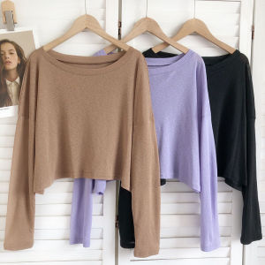 เสื้อยืดคอกลมแขนยาวหลวมๆ ทรงเข้ารูปเอวสูง ทรงสั้น สำหรับผู้หญิง แฟชั่นฤดูใบไม้ร่วง เสื้อเชิ้ตผู้หญิง เสื้อผ้าทำงานสไตล์เกาหลี