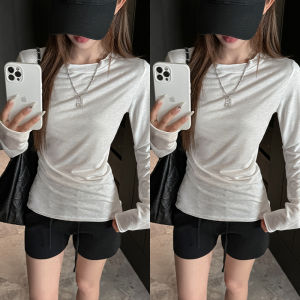 MiiOW | Áo thun dài tay màu trắng cổ tròn dáng ôm vừa vặn cho nữ thời trang thu đông thường ngày chất liệu polyester viscose lanh