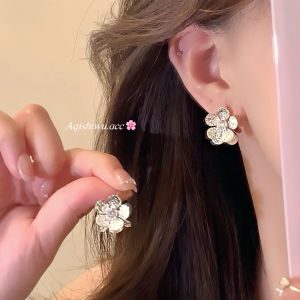 Double Flower Zirconia Womens Korean Style Texture Sensation High-End Feeling Earrings Floral Alloy Plated Silver