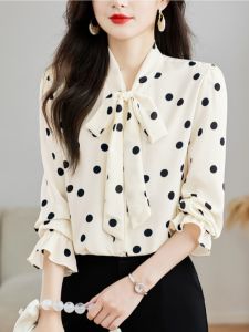 Áo Sơ Mi Voan Lụa Tay Dài Mùa Thu Mới Cho Nữ Họa Tiết Chấm Bi Thắt Nút Bướm Áo Sơ Mi Thường Ngày Cổ Chữ V Không Tay