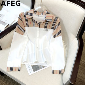AFEG new Korean shirt-neck fashion slimming versatile smiley face print stitching striped long-sleeved blouse for women