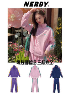 South Korea Trendy Sportswear Suit Womens Jin Taiyan Same Autumn and Winter Casual Stand Collar Cherry Pink Outwear Men