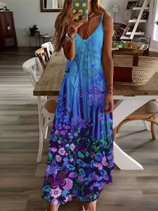 Printed Design Floral Butterfly Forest Pattern Print Four Seasons elegant style casual style sling dress