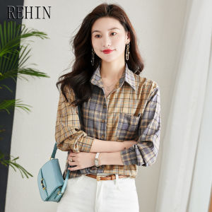 REHIN Autumn new loose plaid splicing long-sleeved shirt with contrasting colors and a thin outerwear blouse for women