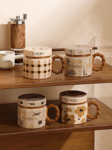 Artistic Retro Ceramic Cup with Lid for Office and Couple Use