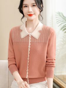 Spring 2024 Fashion Knitted Long Sleeve Polo Collar Mom Top Thin Sweater for Middle-Aged And Elderly Women Casual Loose Fit
