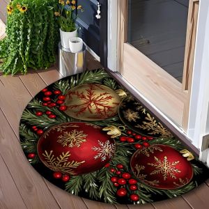 VIKAMA Christmas Ornament Half Round Rug Xmas Bauble Print Accent Mat Non Slip For Entryway Bathroom Bedroom Holiday Home Decor