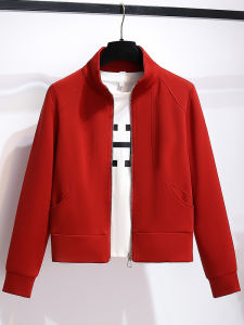Áo Khoác Nỉ Cổ Đứng Màu Đỏ Cho Nữ Áo Khoác Bóng Chày Ngắn Thường Ngày Mùa Xuân Thu Áo Khoác Ngoài Thời Trang Thường Ngày