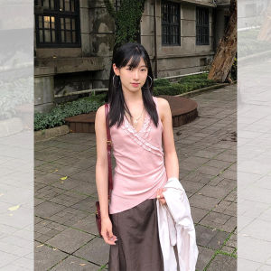 chaqi | French Vintage Ruffle Hem V-neck Strap Vest Summer Design Gathered Waist Beautiful Back Outerwear Top For Young Girls