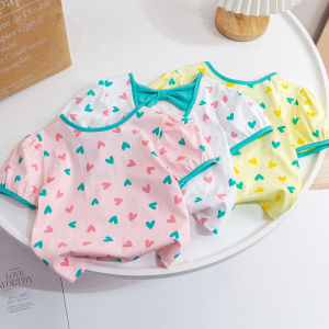 Heart Design Bow Decoration Bubble Sleeve Girls T-Shirt Short-sleeved