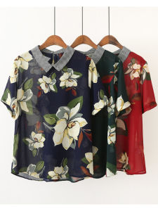 Áo Sơ Mi Chiffon in Họa Tiết Tay Ngắn Dáng Rộng Cỡ Lớn Mùa Hè Cho Nữ Cổ Búp Bê Vải Polyester Dáng Ôm Mặc Đi Làm
