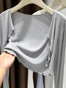 Womens Thin Knitted Shawl Short Sleeve Sun Protection Outerwear with Strap Summer Fashionable Lace Shirt Regenerated Cellulose Fiber