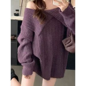YUEZHONGWEI | Boat Neck Gray Turn-down Collar Laid-back Style Knitwear Sweater