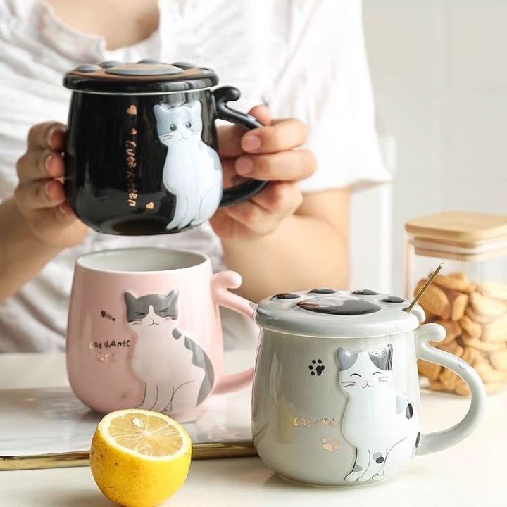 Embossed Cat Ceramic Mug With Lid And Spoon Cute Cartoon Coffee Cup ...