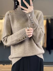 WANGGONGZHU | Princess Style Knitted Wool Base Shirt Button Up Half High Collar Loose Fit Overhead Womens Inner Wear Autumn Winter New Arrival