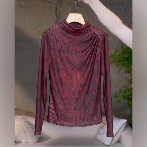 เสื้อยืดคอปกสูงทรงเข้ารูปแขนยาวผู้หญิง 2024 เสื้อเชิ้ตคอกลมทรงเข้ารูปสไตล์ใหม่พร้อมซับในเนื้อผ้าโพลีเอสเตอร์ 100%