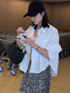 European Design Loose Long Sleeve Shirt Womens Spring New Irregular Fit Korean Style Commute Pure Color Button up Top