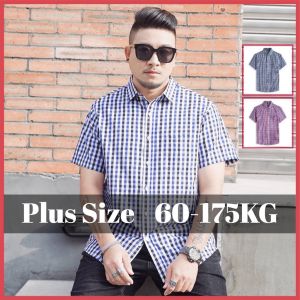 60-175KG Men Plus Size Checkered Short Sleeve Chest Pocket Buttons Tops Man Casual Loose Large Big Oversized Cotton Shirt