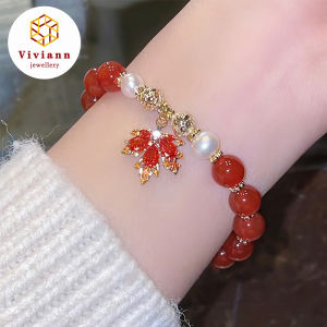 Viviann Original Pure silver+gold-plated Design Red Agate Pearl Maple Leaf Pendant Bracelet Handwear Girl Pearl Bracelet For Women Korean Stone Pendant Adjustable Cuff Bracelets Anniversary Jewelry