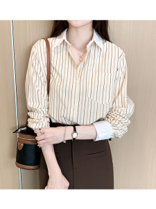 Áo sơ mi nữ AMILUCK tay dài cổ vuông kẻ sọc cotton polyester