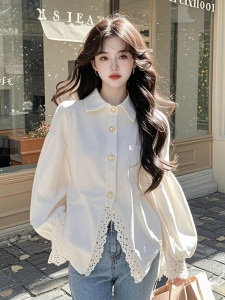WANGGONGZHU | Elegant Lace Splice Shirt Womens Spring Autumn Design Thin Style Korean Version Princess Commute Style Long Sleeve Polo Collar