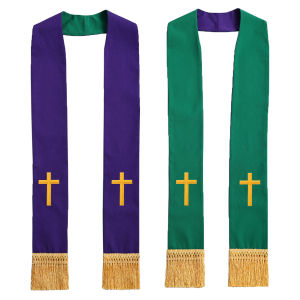 Reversible Stole With Cross and dove Embroidery Vestments with Tassels (Red & White)