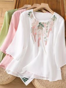 เสื้อเชิ้ตคอตั้งแขนยาวปานกลางผ้าลินินปักลายสไตล์ชาติพันธุ์หลวมๆ สำหรับผู้หญิงวัยกลางคนและผู้สูงอายุ